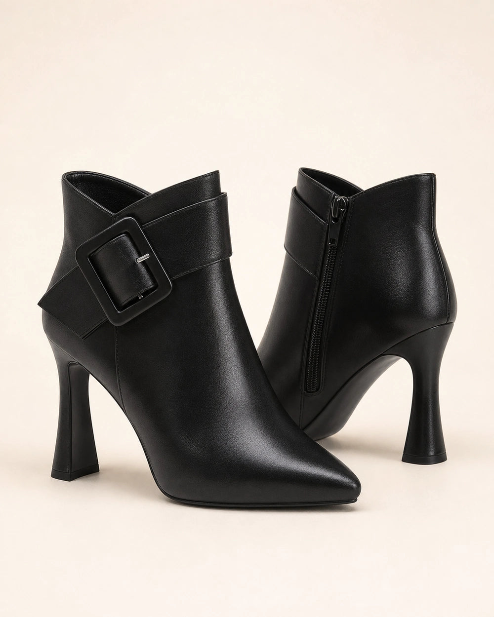 Women's pointed-toe buckle ankle boots, black gallery view. — momount-clara-black-buckle-boots-02.webp