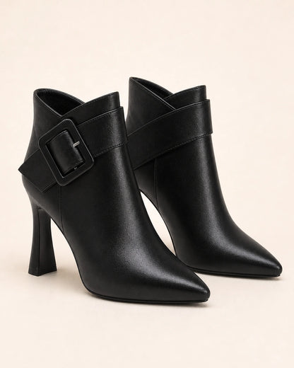 Women's pointed-toe buckle ankle boots, black gallery view. — momount-clara-black-buckle-boots-08.webp