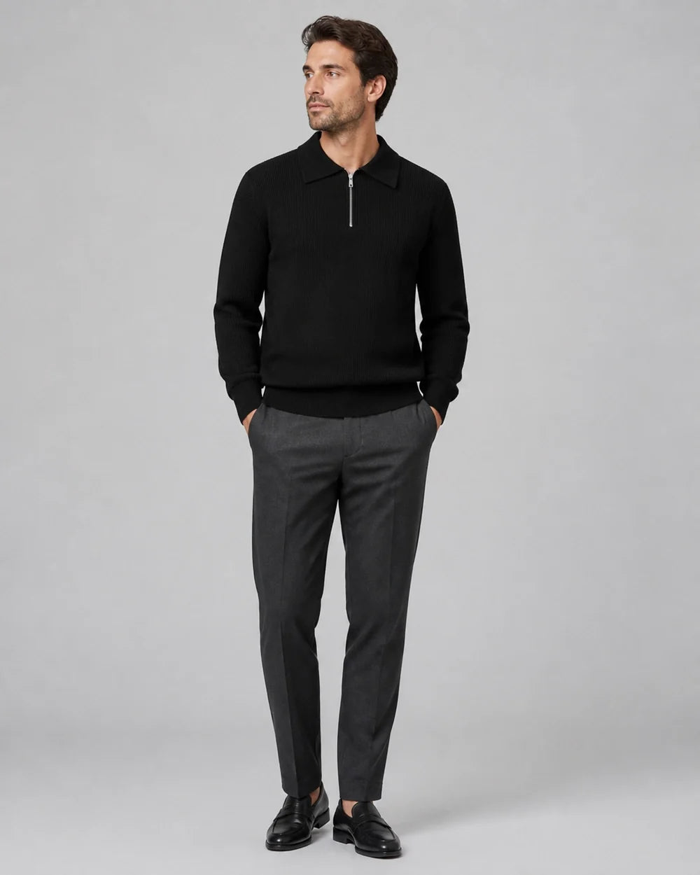 Black quarter-zip knit sweater for men, hero view.