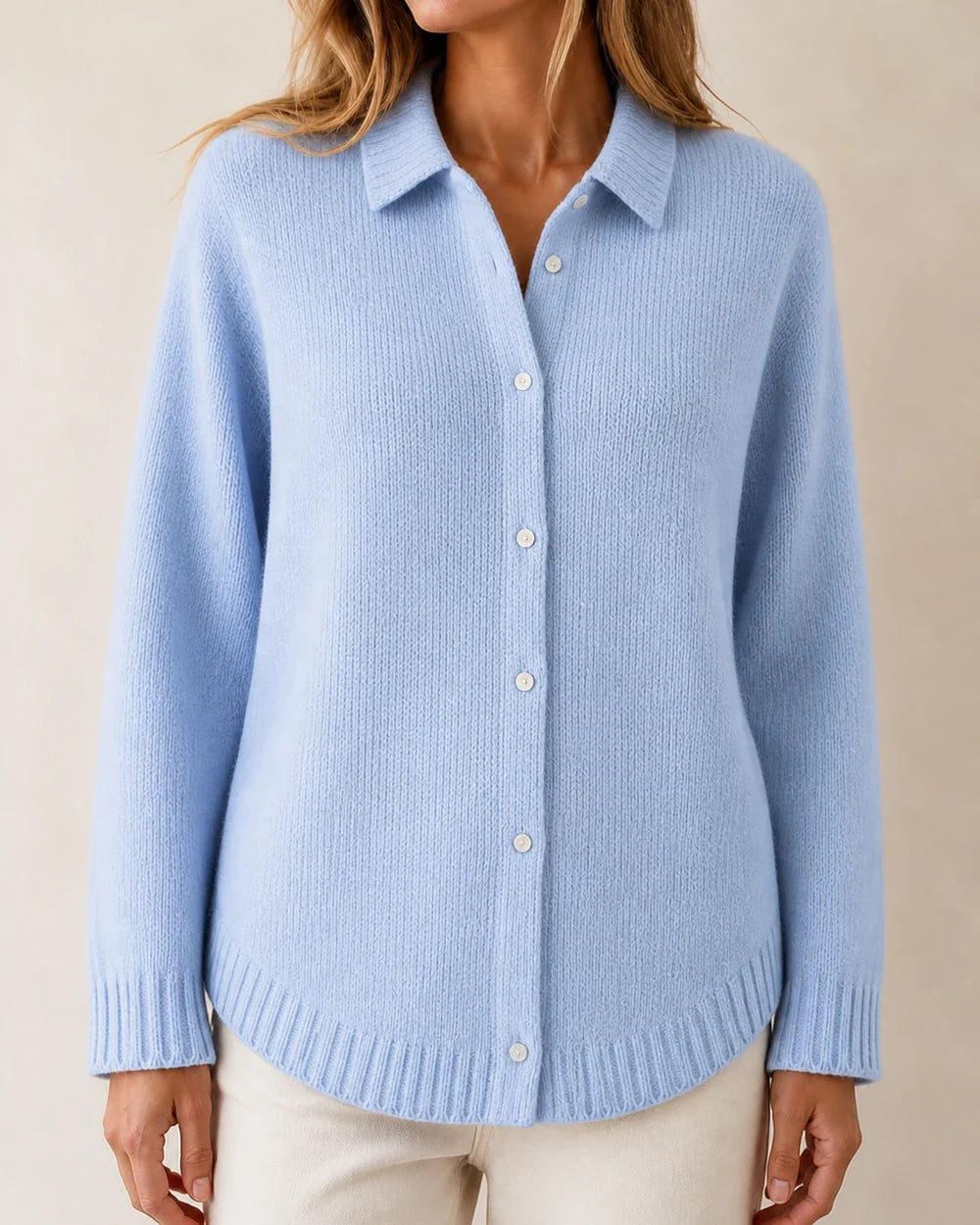 Women's Sky Blue variant plain button-front knit, product-first view.