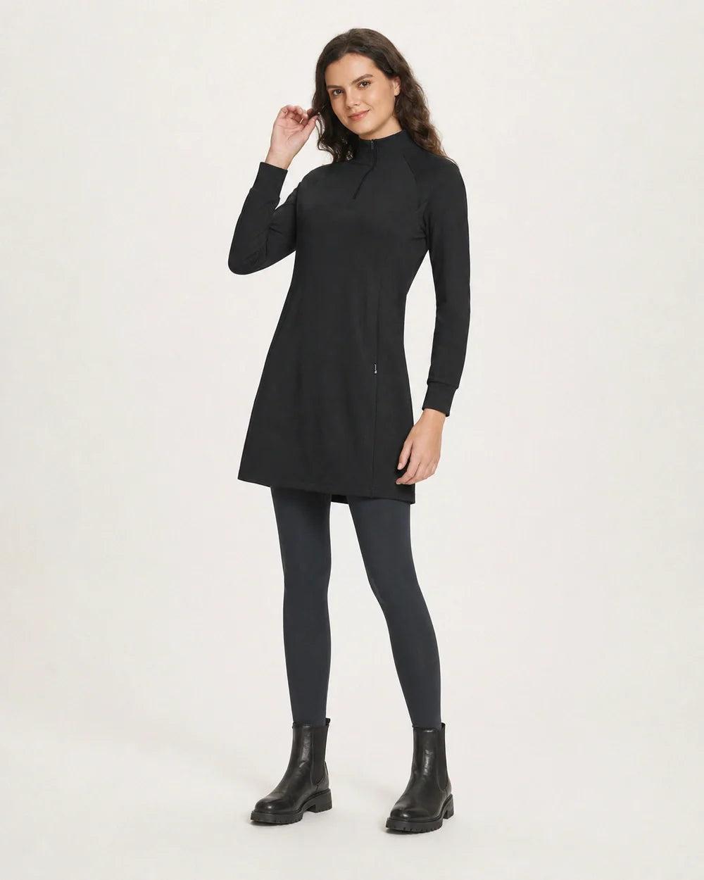 Black high-neck half-zip knit dress worn view