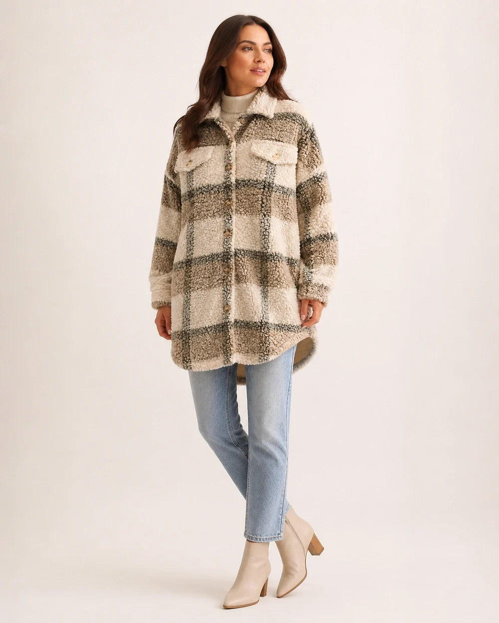 Beige checked teddy shirt coat, full silhouette.