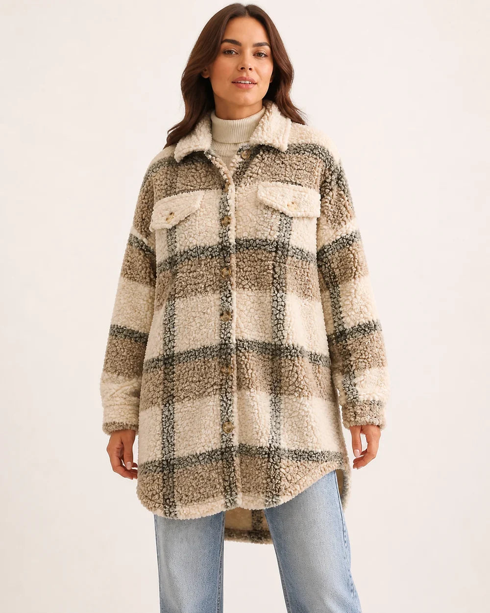 Beige checked teddy shirt coat, straight front view.