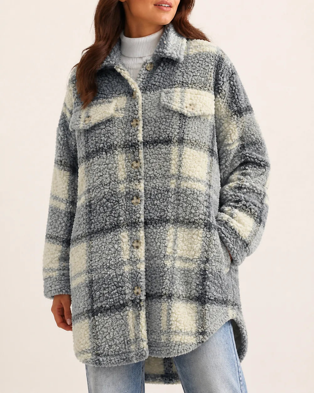 Blue checked teddy shirt coat worn, color view.