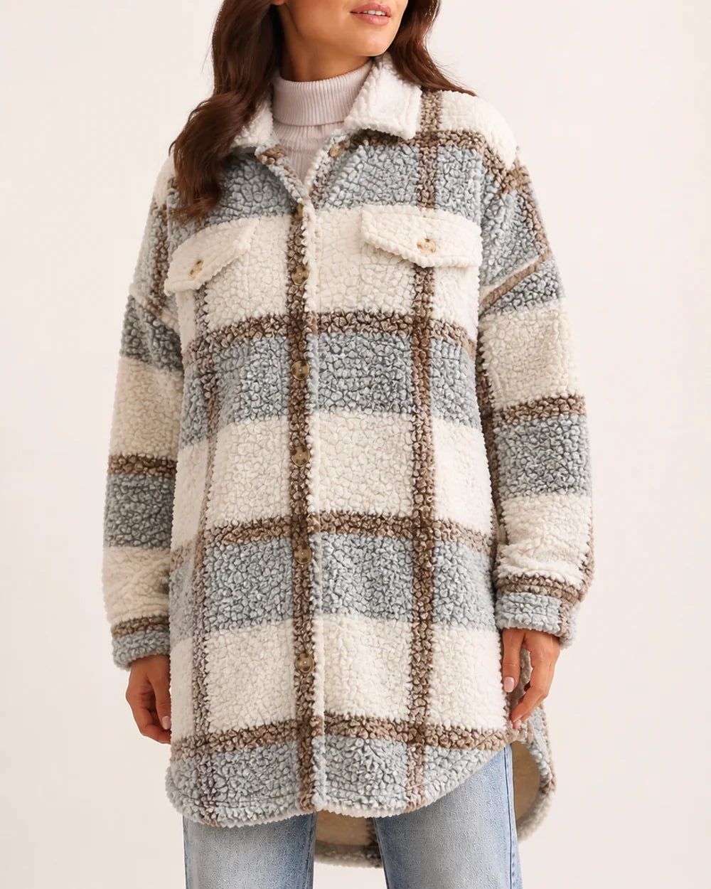 Blue Beige checked teddy shirt coat worn, color view.