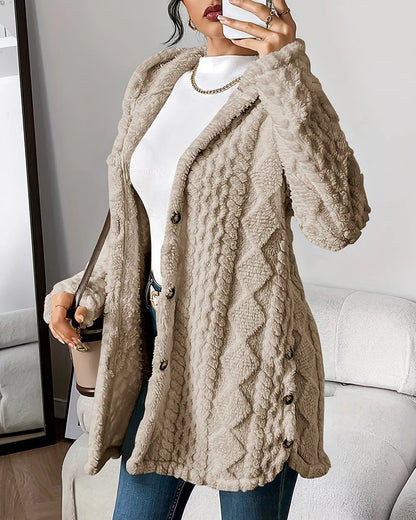 Women's long hooded cable-texture cardigan, khaki hero