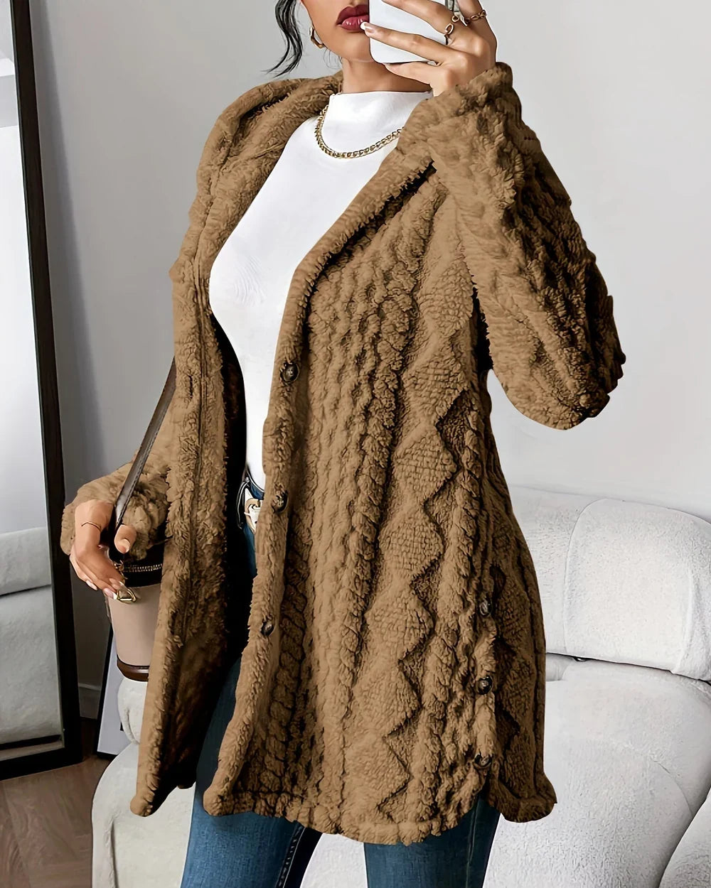 Women's long hooded cable-texture cardigan, brown hero