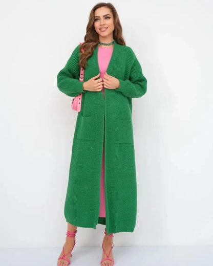 Women's long open knit cardigan, green hero