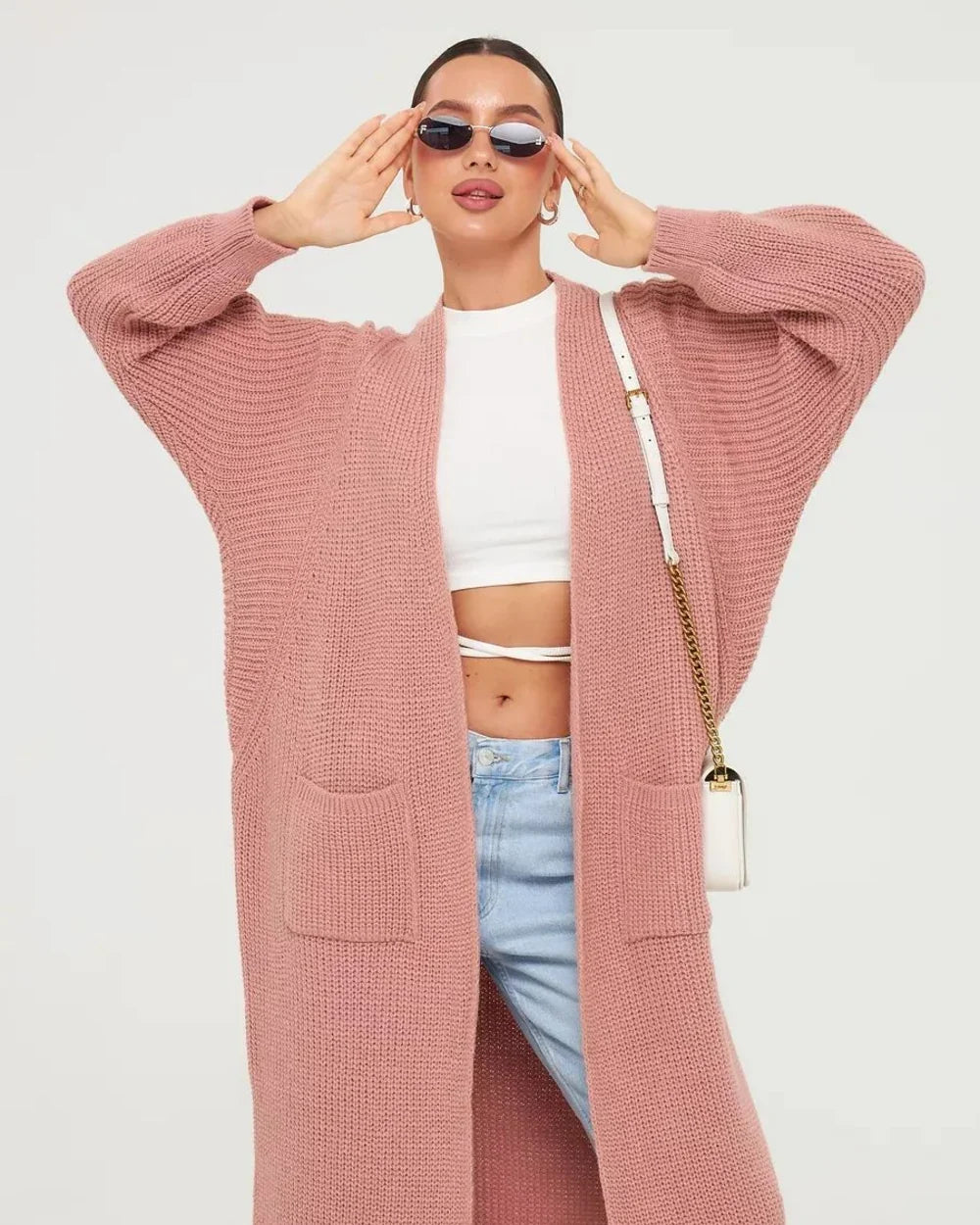 Women's long open knit cardigan, pink hero