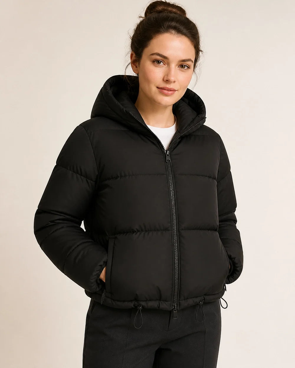 Momount women short hooded puffer jacket black