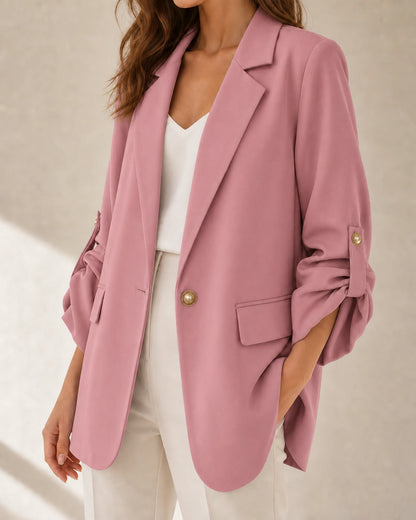 Momount Women's Oversized Blazer – Ruched Sleeves & Gold Buttons — momount-womens-ruched-sleeve-blazer-pink-09-hero.webp