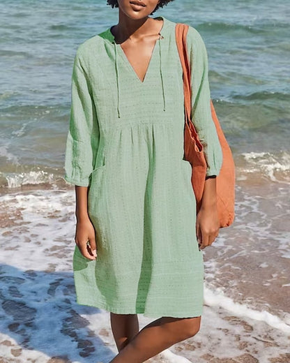 Persephone | Beach Cotton V Neck Hooded Tunic Dress