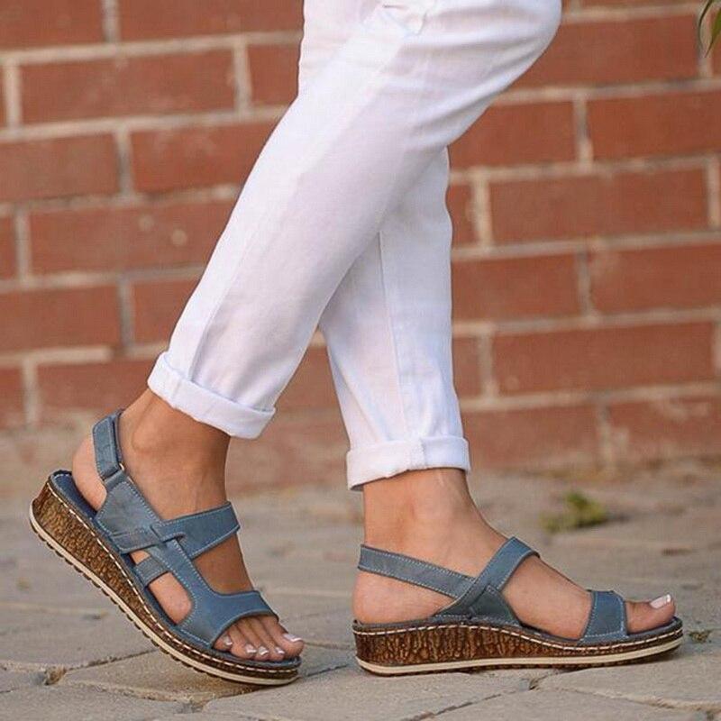 Sandalias de Cuña de Mujer – Cuero Marrón Peep-Toe Slingback Verano