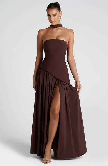 Calista | Rochie Maxi Eleganta Bustieră cu Detaliu Eșarfă și Despicătură