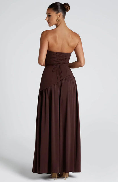 Calista | Rochie Maxi Eleganta Bustieră cu Detaliu Eșarfă și Despicătură