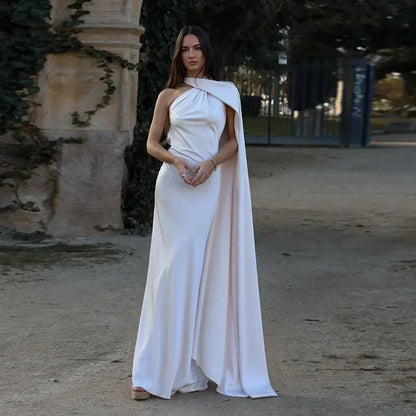 Ottavia | Draped Satin One Shoulder Caped Evening Maxi Dress