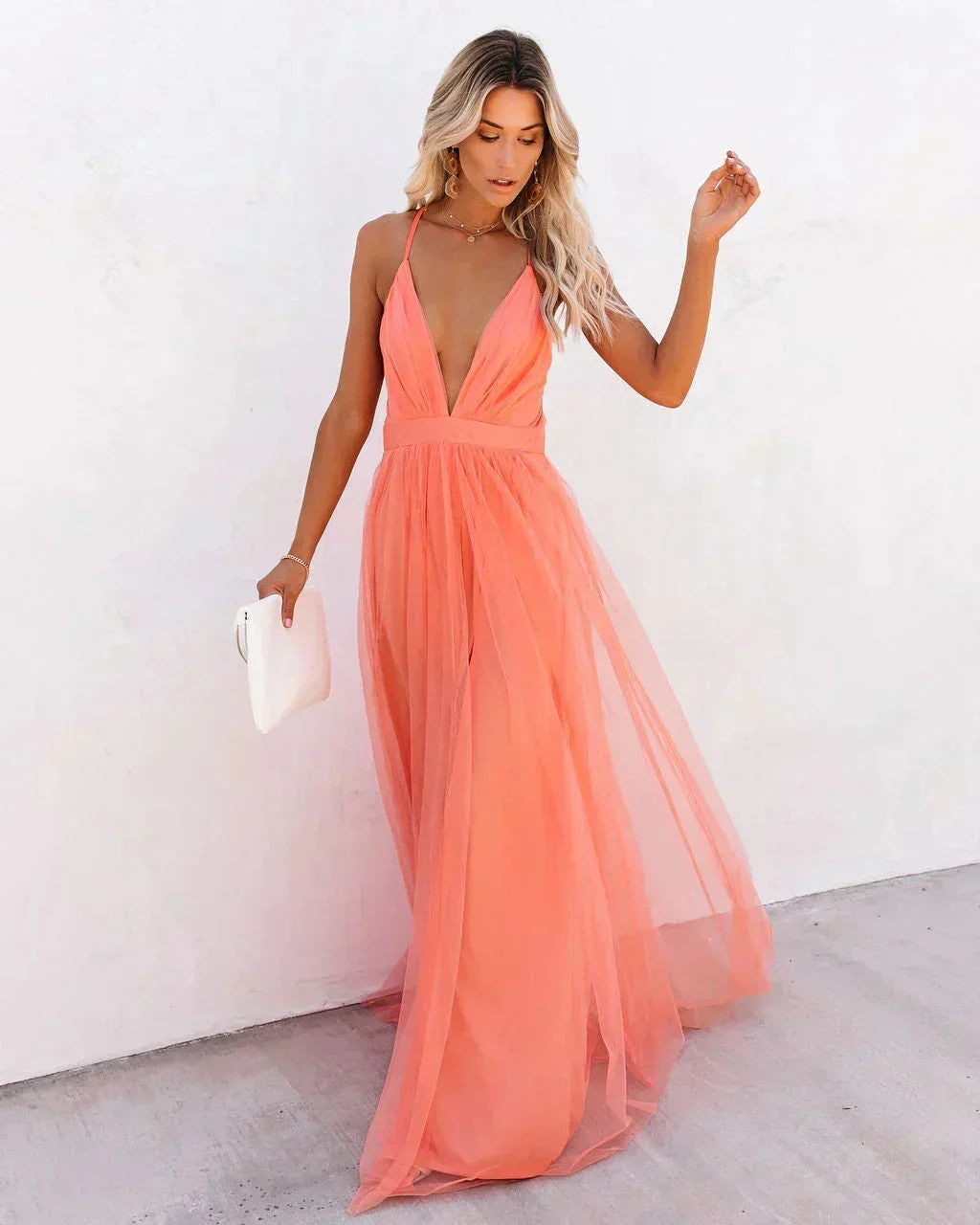 Damiana | Ethereal Tulle V Neck Backless Flowy Evening Maxi Dress