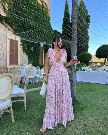 Citania | Rochie Maxi Florală de Vară Romantică, Fără Mâneci, Decolteu V