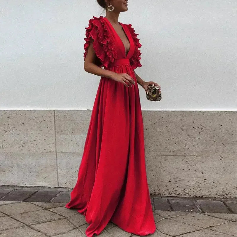 Dorelia | Rochie Maxi de Vară din Șifon Vaporos cu Decolteu V și Mâneci cu Volane