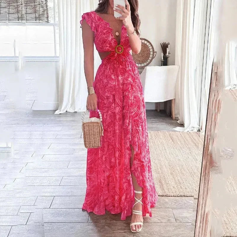 Ginevra | Rochie Maxi Florală de Vară cu Decolteu V, Decupaje, Mânecă Scurtă