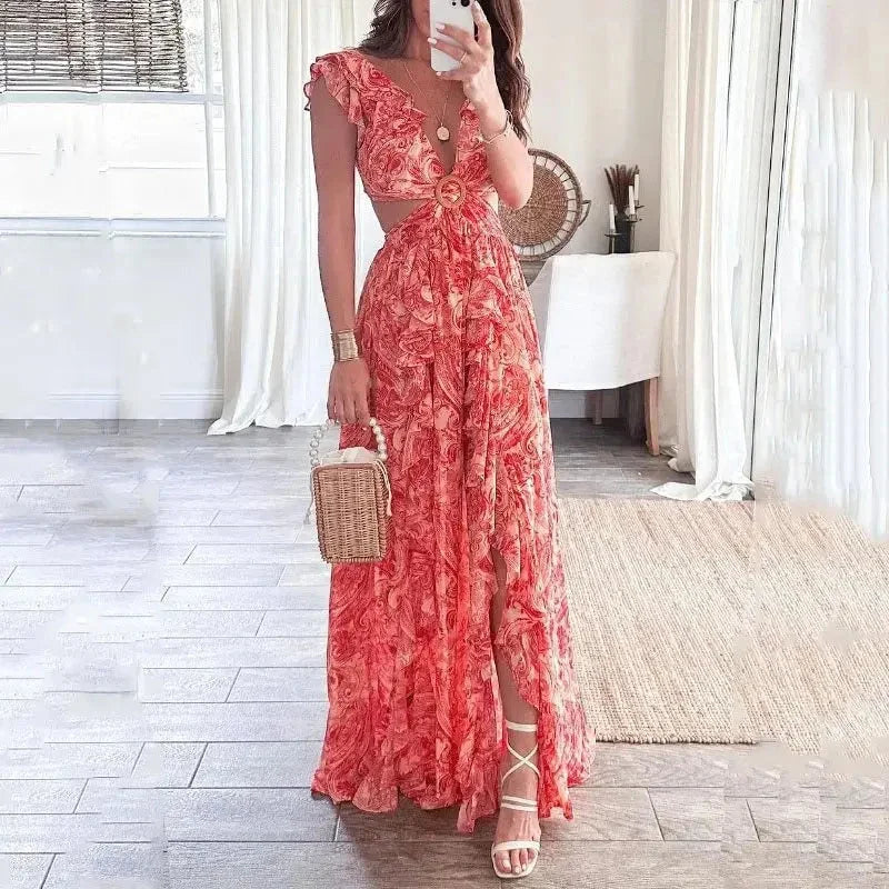 Ginevra | Rochie Maxi Florală de Vară cu Decolteu V, Decupaje, Mânecă Scurtă