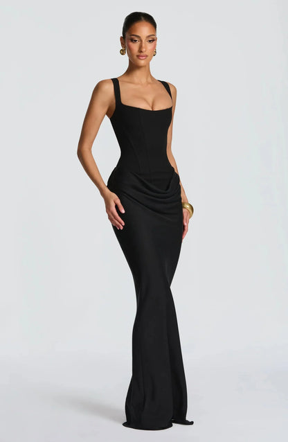 Galatea | Rochie Maxi Bodycon Elegantă din Satin cu Decolteu Pătrat și Spate Gol