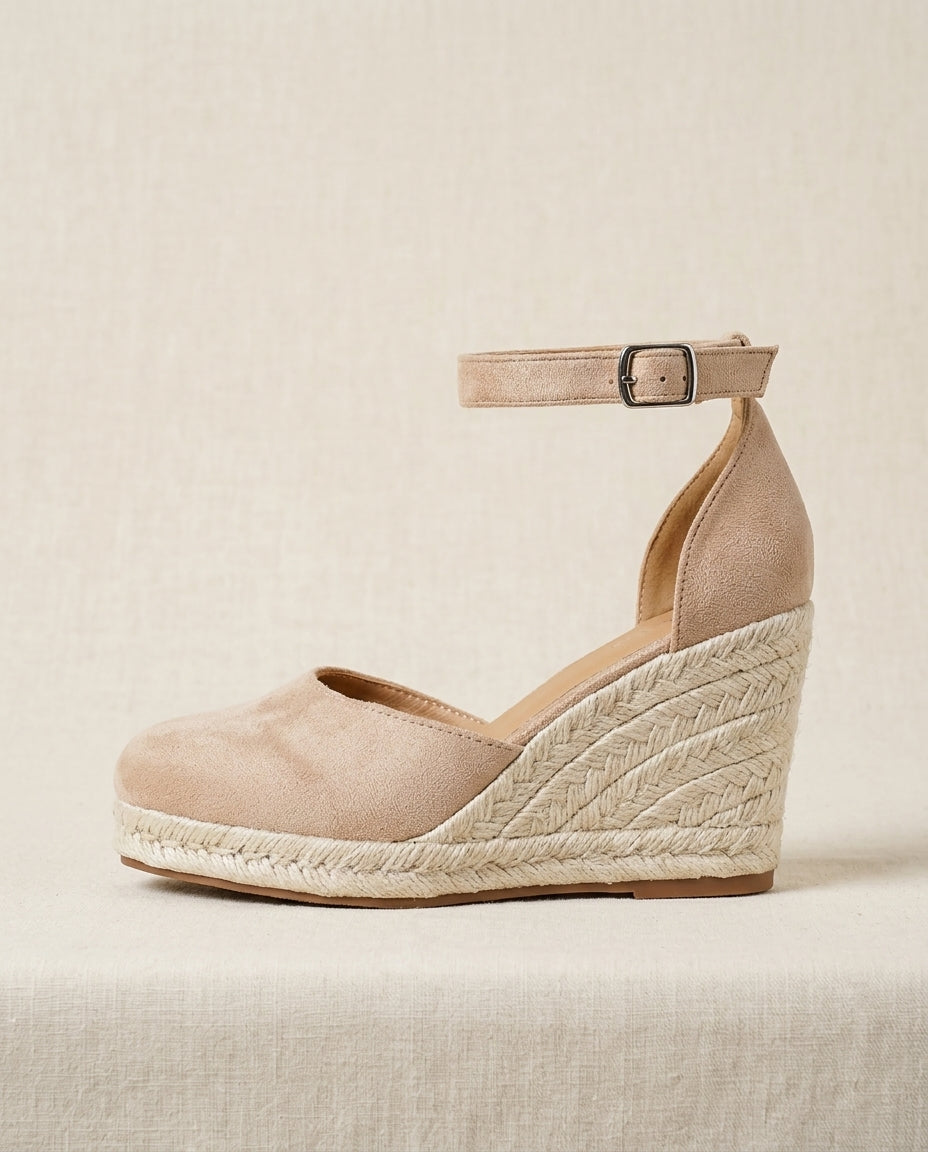 Momount Women Espadrille Wedge Sandals – Closed Toe Suede Upper Ankle Strap Braided Jute Platform