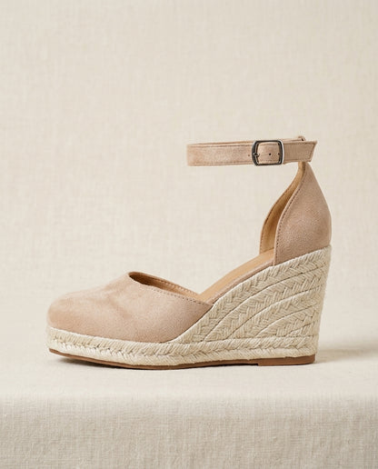 Momount Women Espadrille Wedge Sandals – Closed Toe Suede Upper Ankle Strap Braided Jute Platform