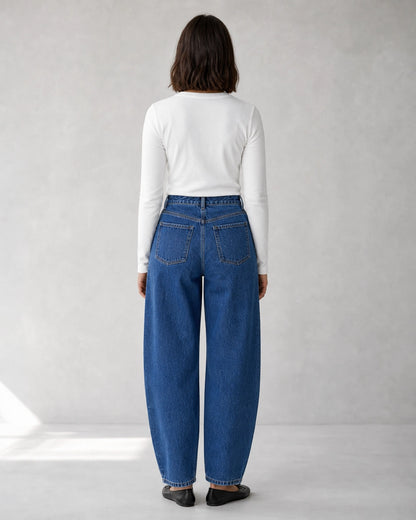 Jean femme taille haute coupe barrel bleu moyen — image