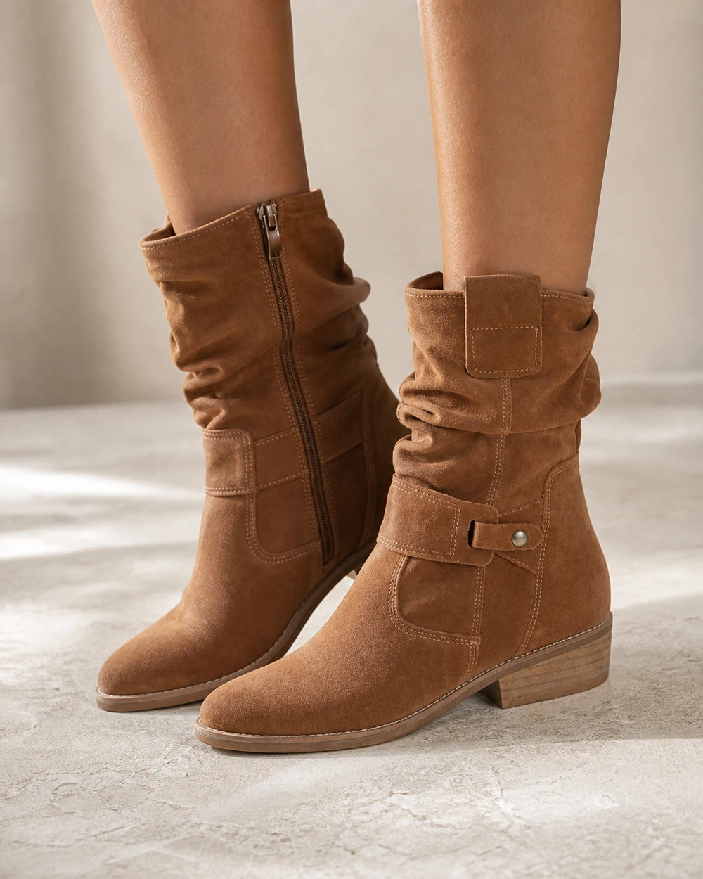 Emilia Women's Suede Slouch Ankle Boots — image 1 — womens-emilia-slouch-boots-dark-brown-01-worn-hero.webp
