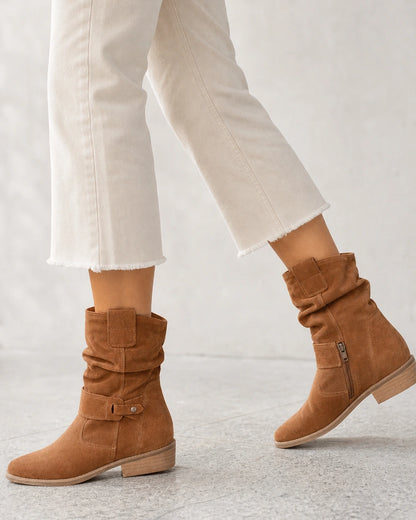 Emilia Women's Suede Slouch Ankle Boots — image 6 — womens-emilia-slouch-boots-dark-brown-06-walking.webp