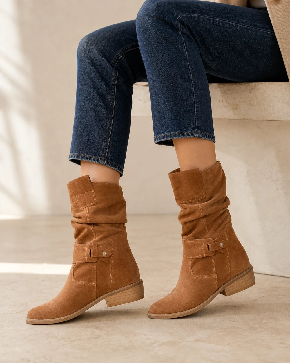 Emilia Women's Suede Slouch Ankle Boots — image 7 — womens-emilia-slouch-boots-dark-brown-07-second-styling.webp
