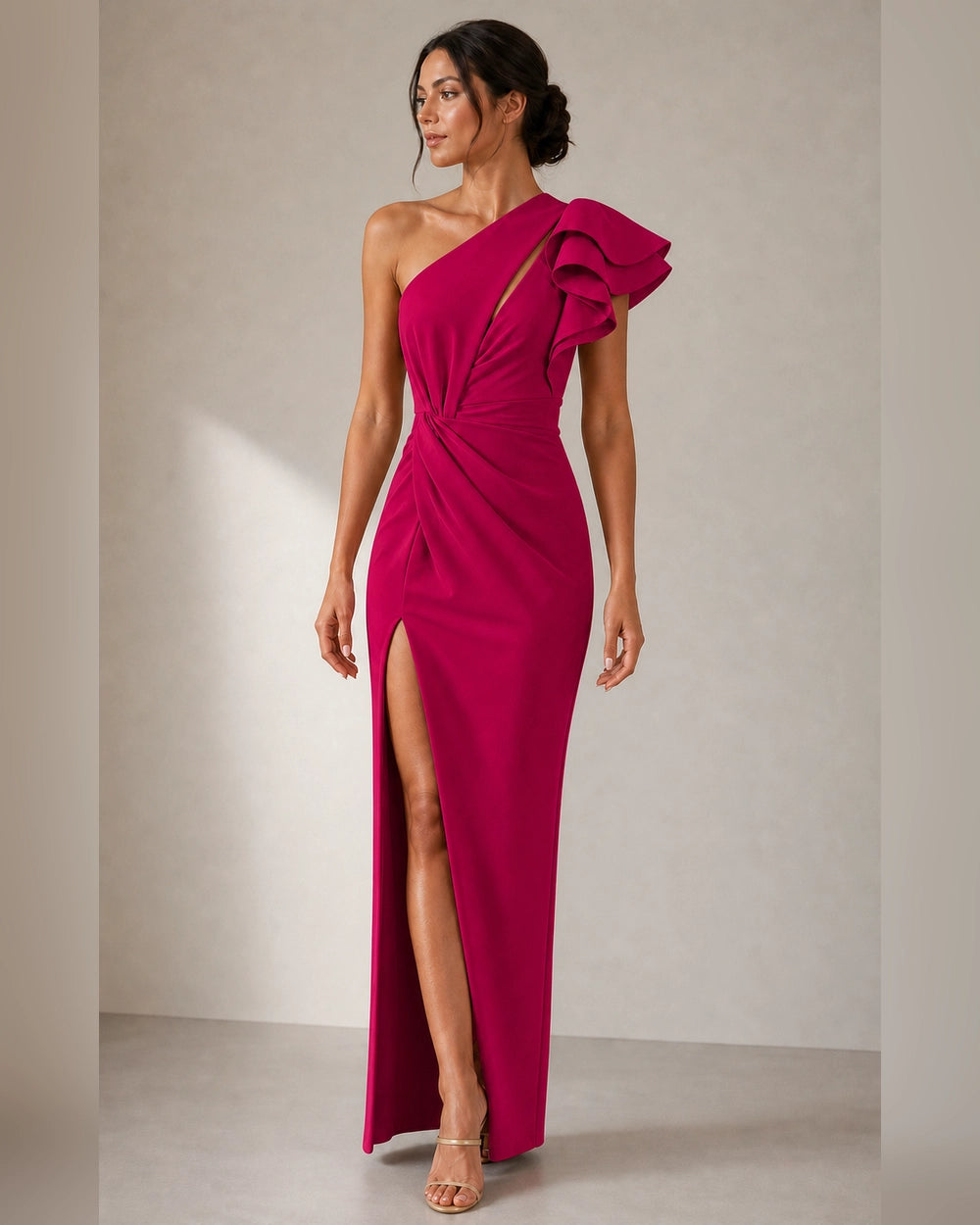 Women's dark pink one-shoulder ruffled evening dress, front view. — womens-one-shoulder-ruffled-evening-dress-dark-pink-07-hero.webp