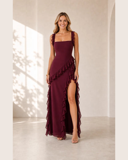 Women's burgundy ruffled maxi dress, front view. — womens-ruffled-maxi-dress-front-slit-burgundy-07-hero.webp