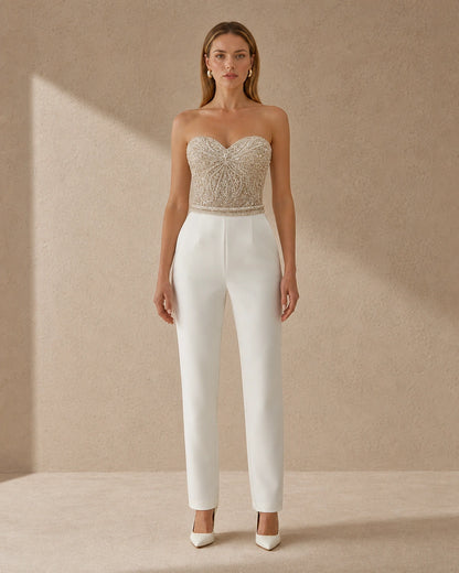 Women's white strapless tailored jumpsuit, straight front fit view. — womens-strapless-tailored-occasion-jumpsuit-white-03-front-fit.webp