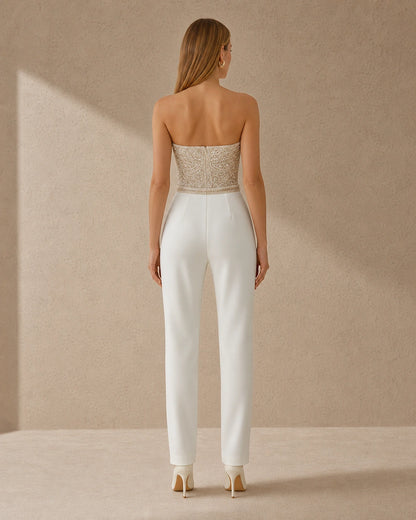 Women's white strapless tailored jumpsuit, back view. — womens-strapless-tailored-occasion-jumpsuit-white-04-back.webp