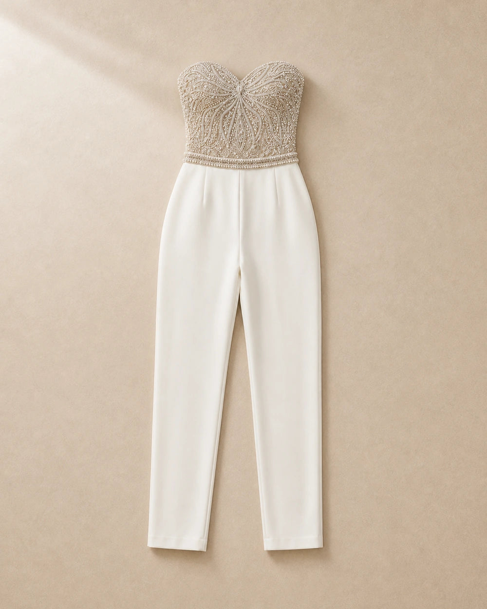 Women's white strapless tailored jumpsuit, clean garment view. — womens-strapless-tailored-occasion-jumpsuit-white-08-reassurance.webp