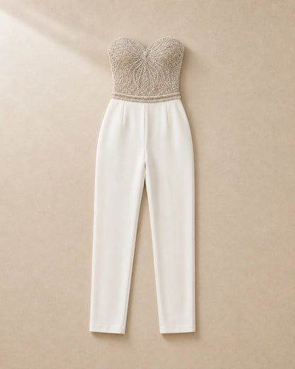 Women's white strapless tailored jumpsuit, clean garment view. — womens-strapless-tailored-occasion-jumpsuit-white-08-reassurance.webp